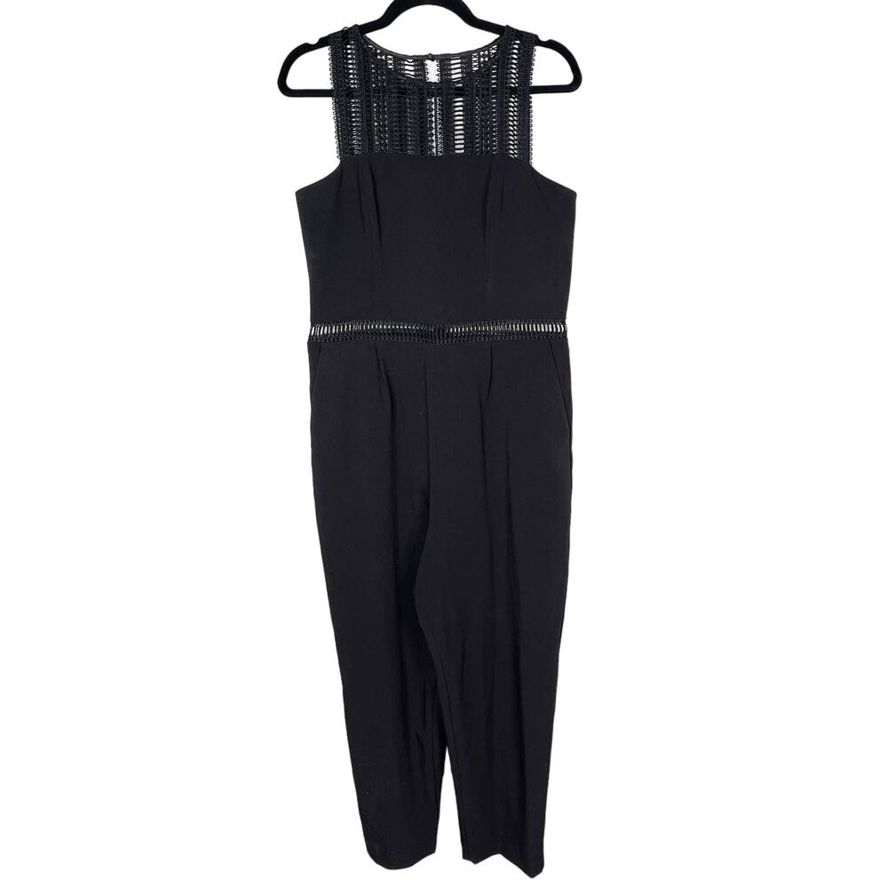 Bardot US 12 Black Lace Trim Jumpsuit Straight Legs Pockets Defined Waist Crew